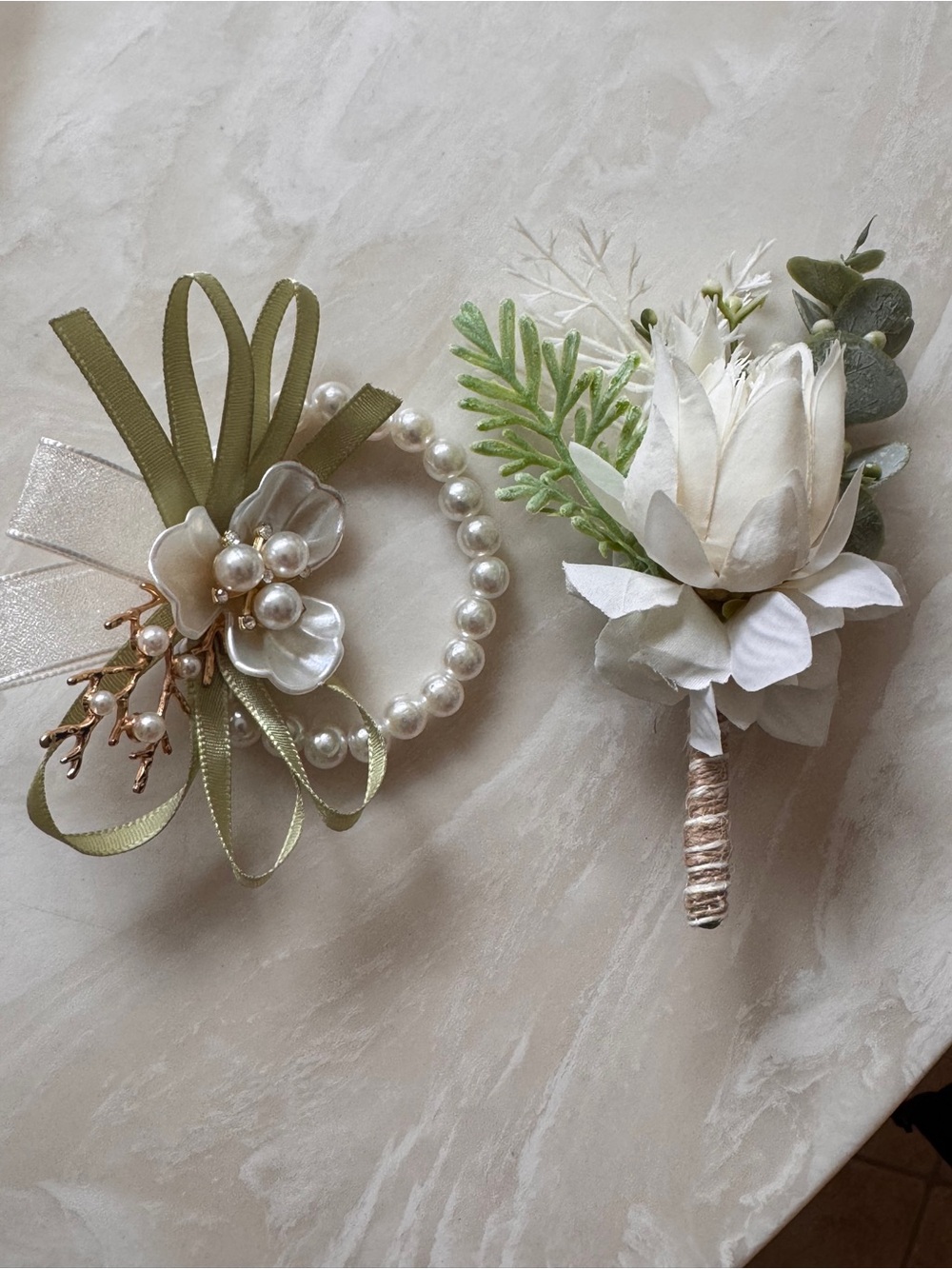 Faux Pearl Wrist Corsage with Olive Ribbon & White Floral Boutonniere